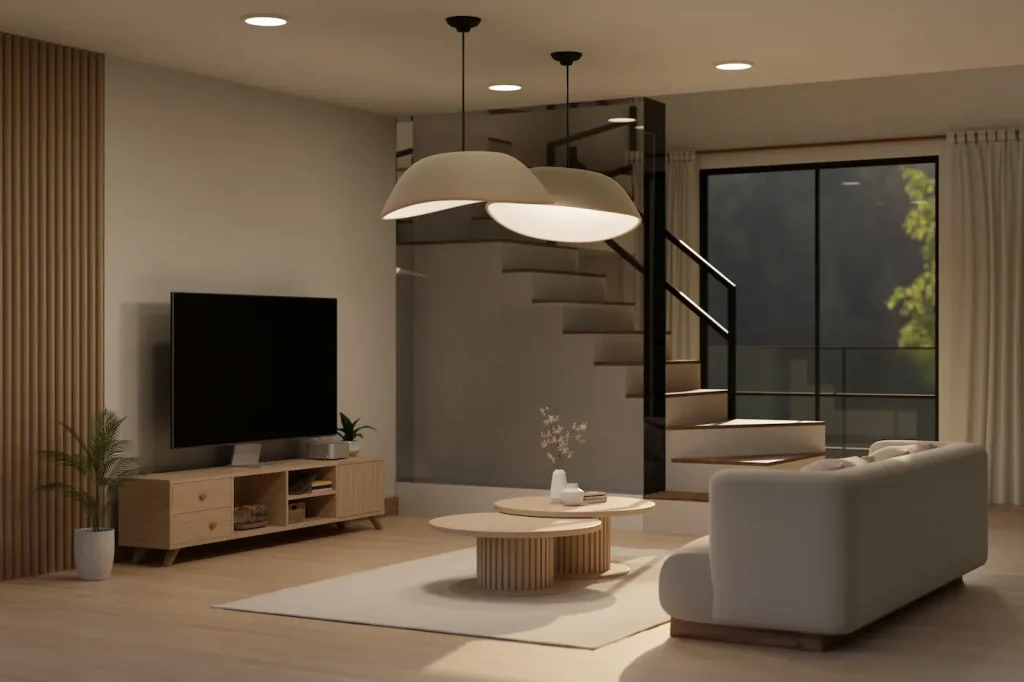 A render of living room lighting