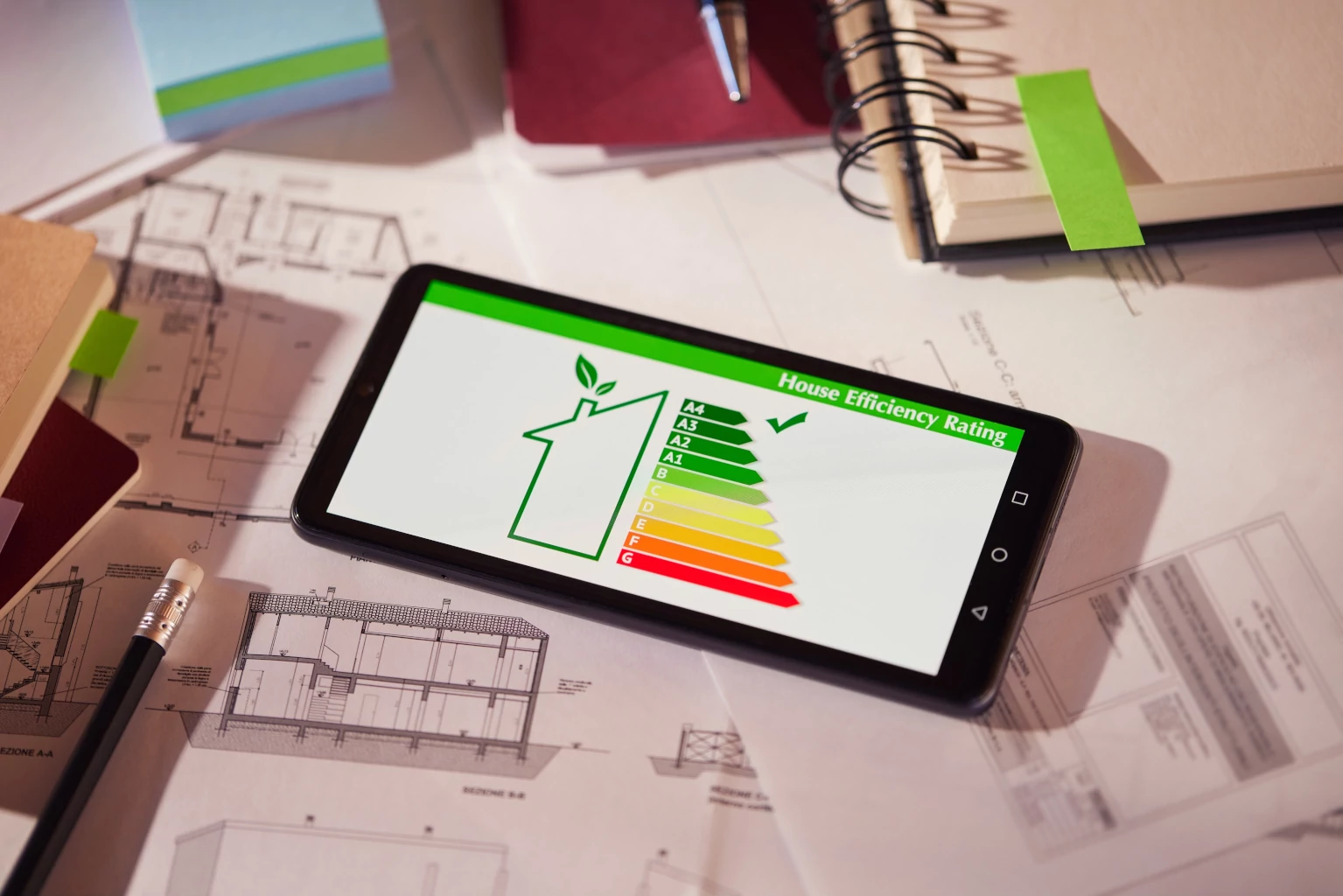 Energy efficiency screen on cellphone leaning on drawings and blueprints